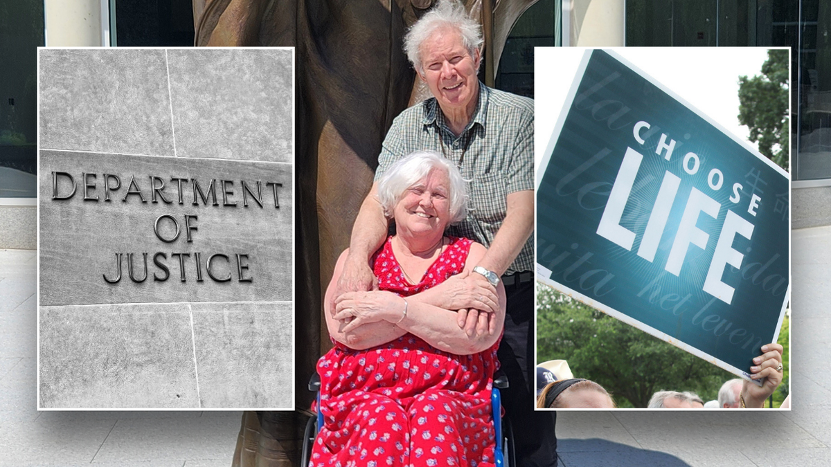A split image of the DOJ logo, a pro-life sign and the smiling Harlows