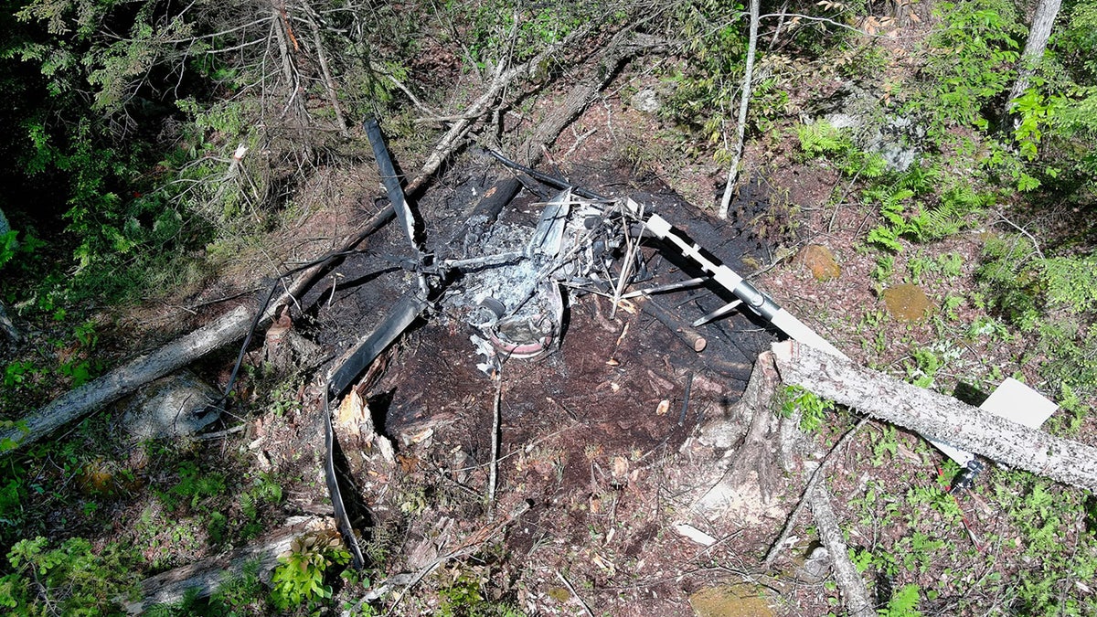 Aftermath of helicopter crash in New Hampshire woods