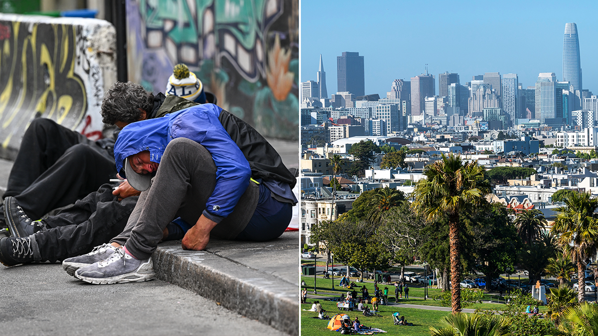Homeless in San Francisco and San Francisco skyline split image
