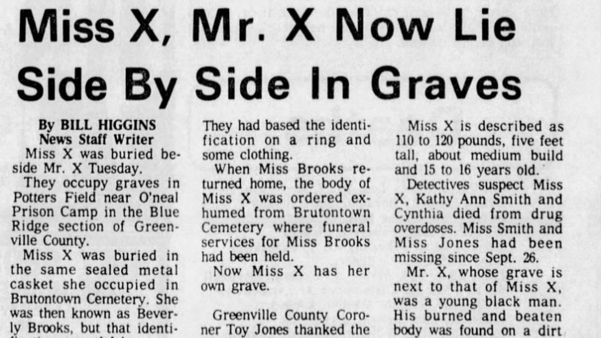 An old newspaper clipping says 'Miss X' has been buried beside 'Mr. X' in two unsolved homicide cases.