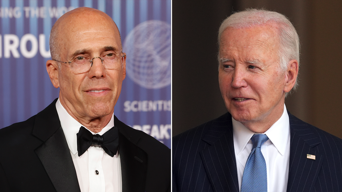 Jeffrey Katzenberg and Joe Biden split image