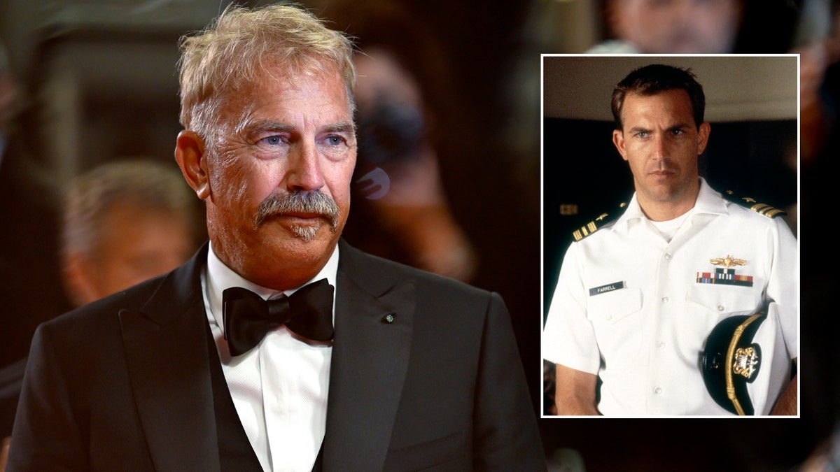 Kevin Costner at Cannes Film Festival with inset of him in a scene for "No Way Out."
