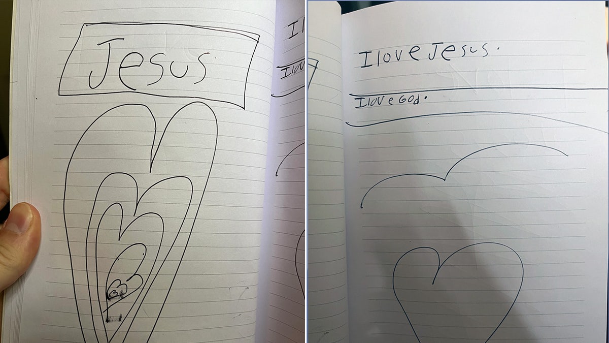 Lucy's prayer journal, reading, "I love Jesus"