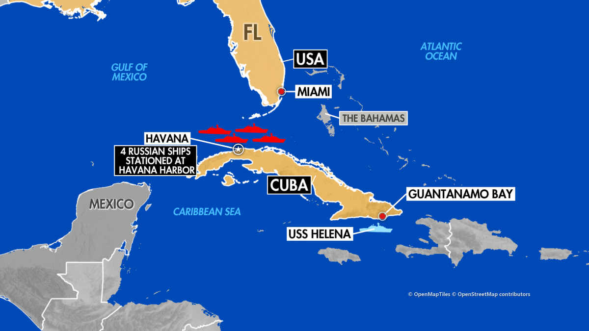 Map shows the locations of 4 Russian warships in Havana Bay and a US warship in Guantanamo Bay, Cuba
