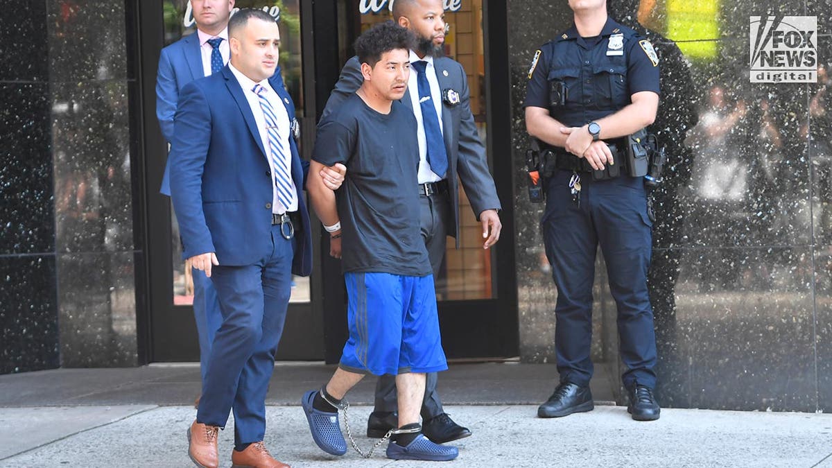 Christian Inga, 25, is walked out of the NYPD 112th Precinct. Inga is charged with rape, kidnapping of a minor amongst other charges. U.S.,  June 18, 2024  Rashid Umar Abbasi for Fox News Digital