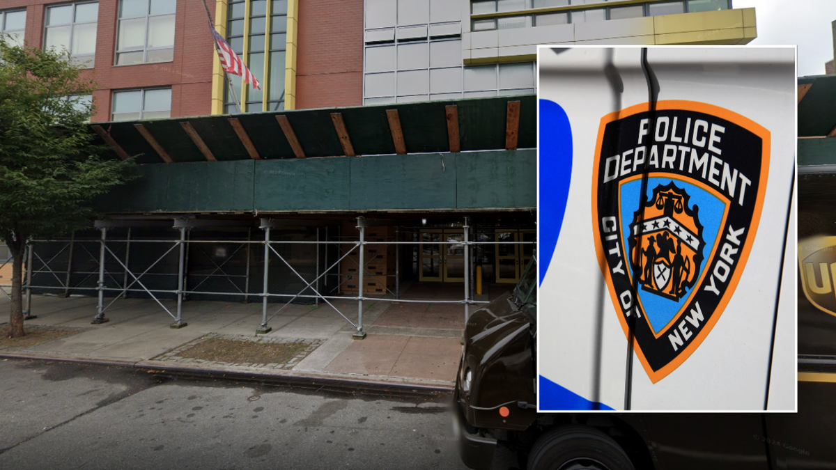 Imagem dividida do exterior da escola e logotipo da NYPD