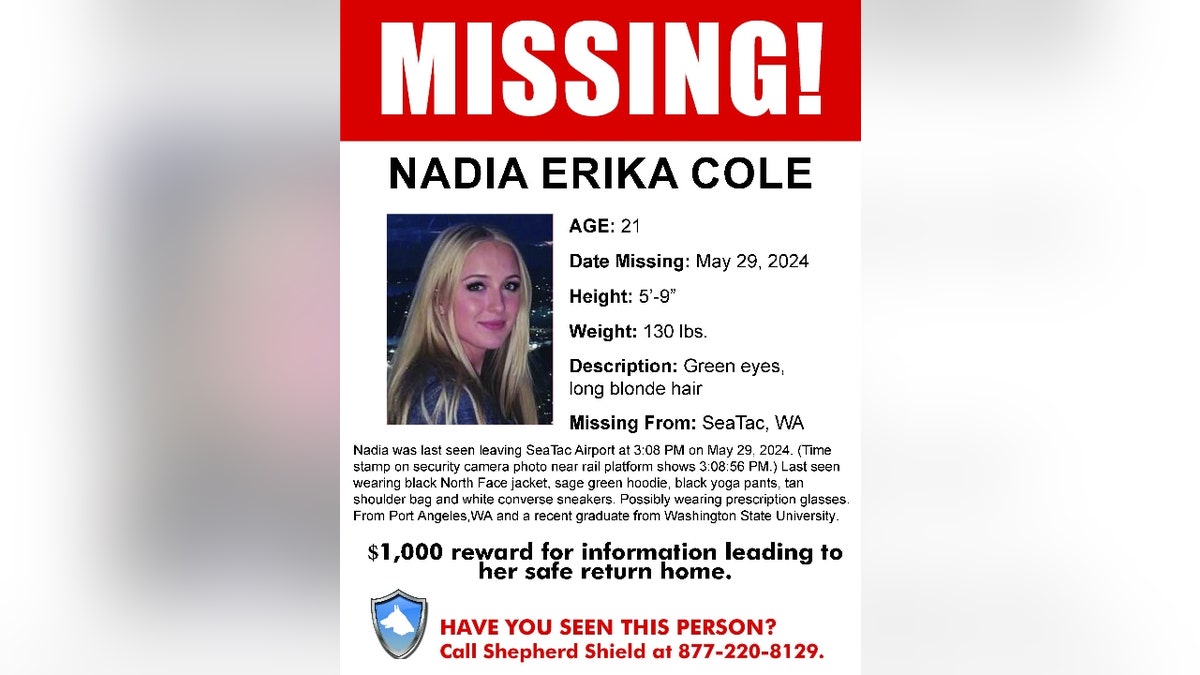 A missing persons poster for Nadia Cole released by her family's PI