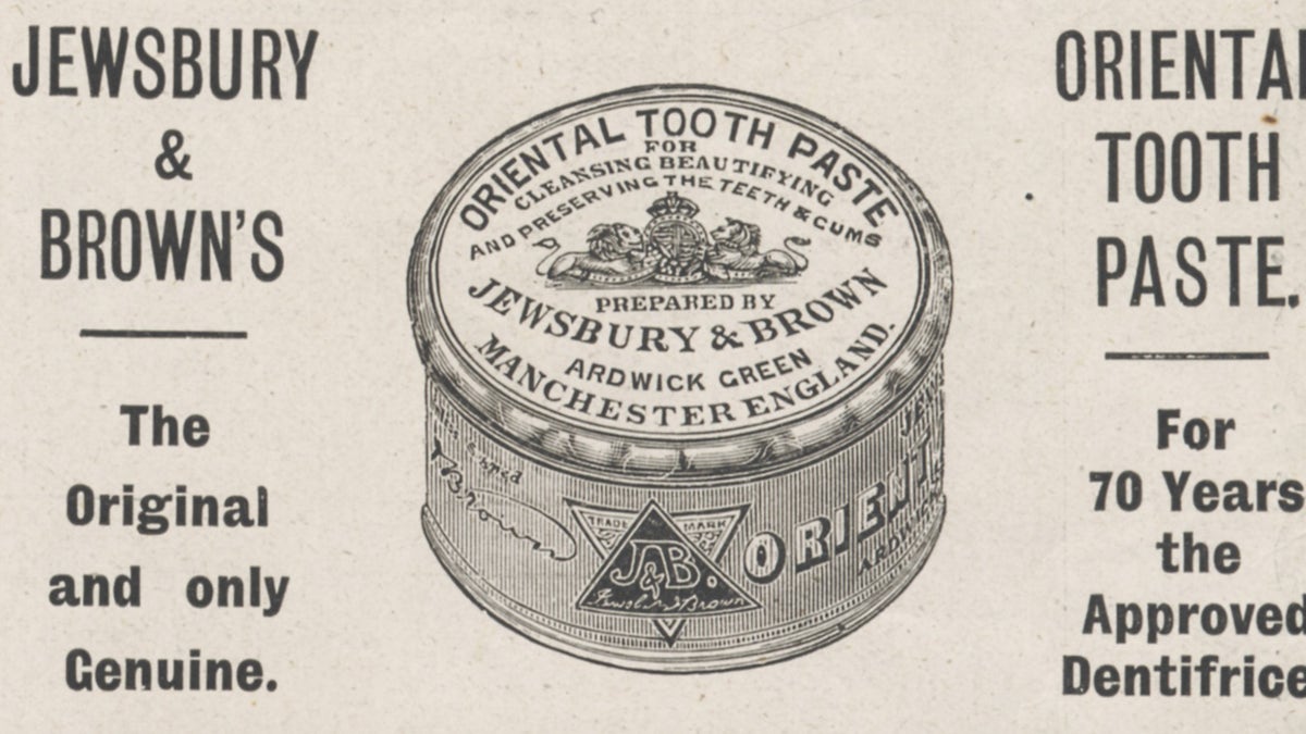 Um pote de pasta de dente oriental Jewsbury & Browns de 1898