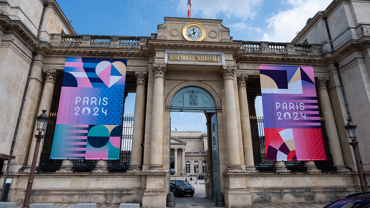 Paris Olympics flags on building