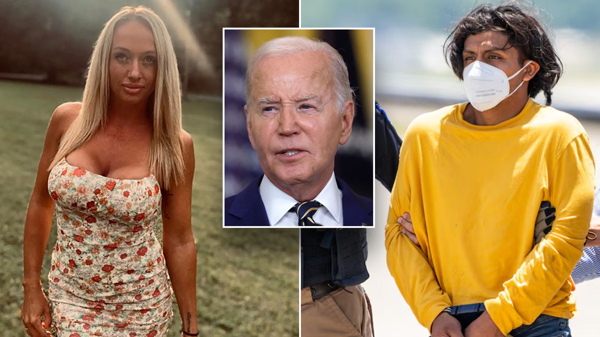 President Joe Biden shot between pictures of Rachel Morin and the accused killer.
