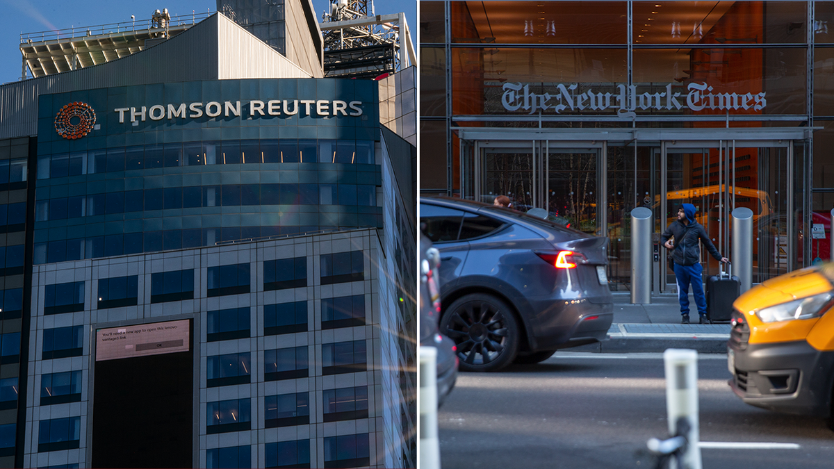 Reuters building and New York Times building split image