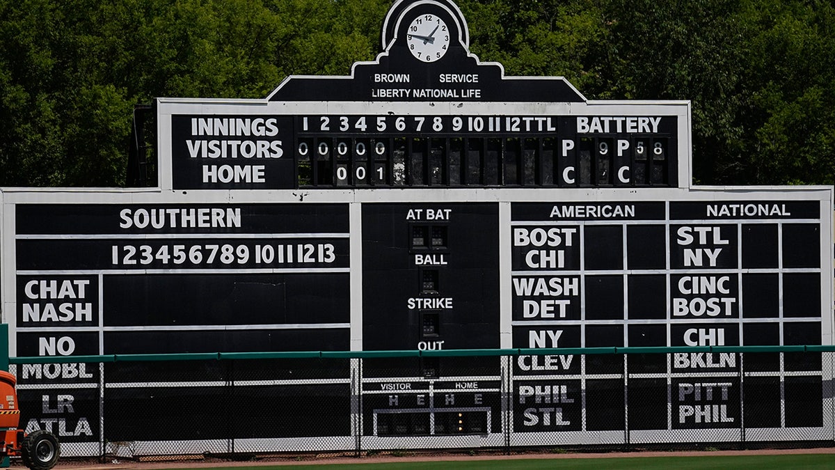A manual scoreboard is seen at Rickwood Field on Monday, June 10, 2024 in Birmingham, Alabama.