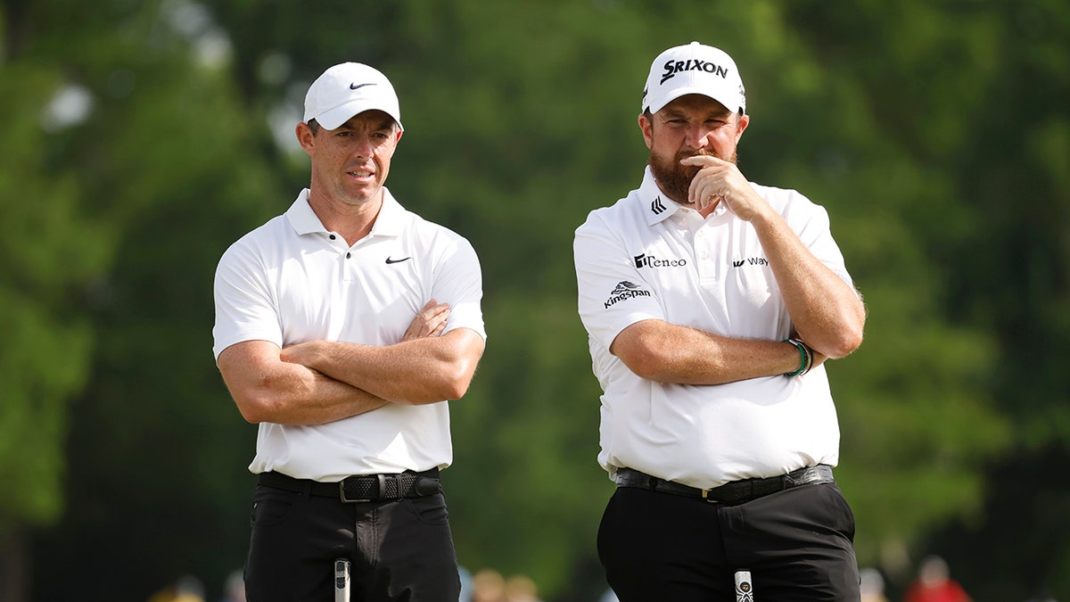 Rory McIlroy and Shane Lowry look on course