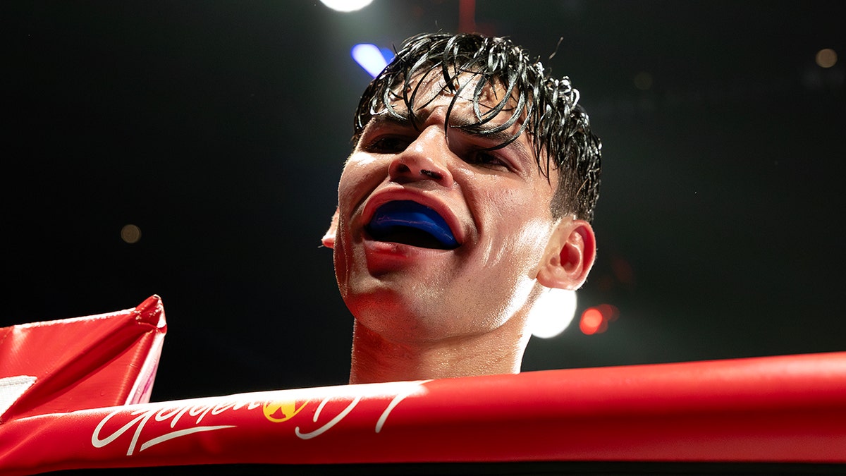 Ryan Garcia reacts after the WBC Super Lightweight title bout against Devin Haney at Barclays Center on April 20, 2024, in New York City.