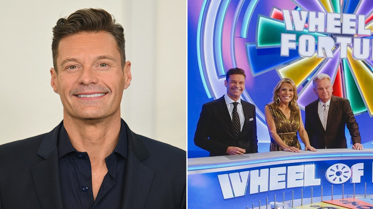 Side by side photos of Ryan Seacrest and Ryan Seacrest with Vanna White and Pat Sajak on the Wheel of Fortune set