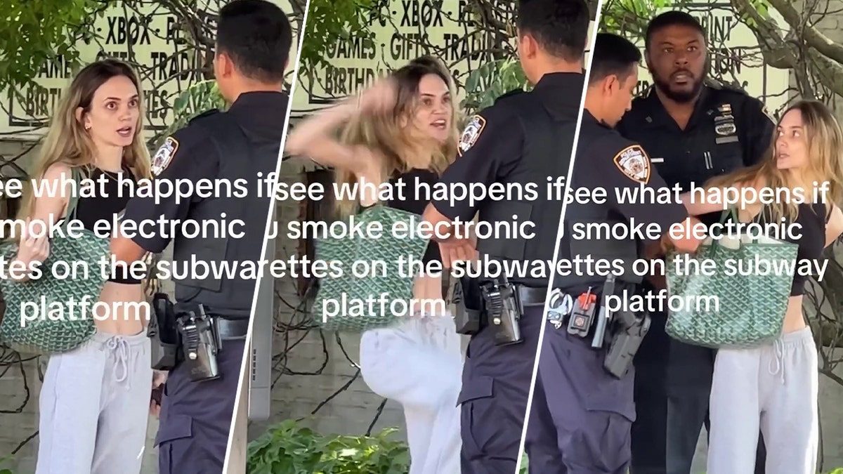 Imagens fixas tiradas de vídeo mostram uma mulher gritando com policiais em uma plataforma de metrô