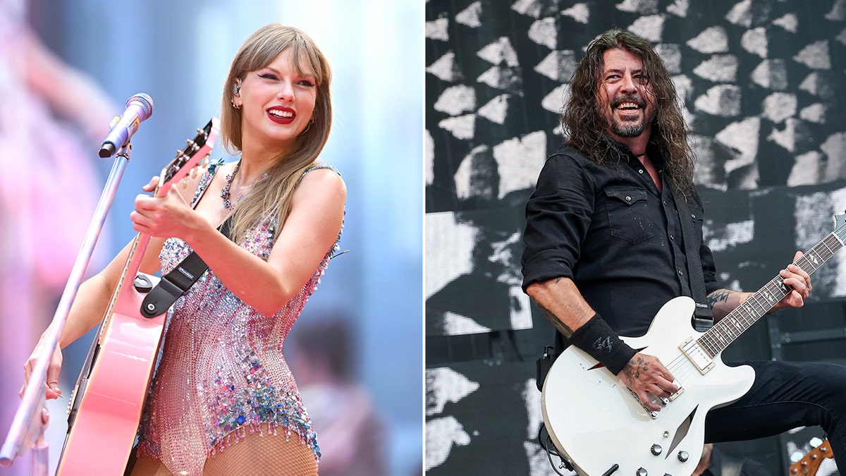 Side by side photos of Taylor Swift and Dave Grohl