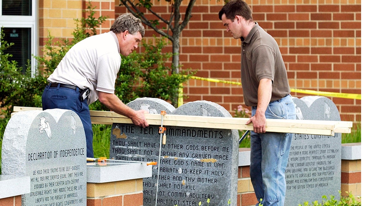 The Ten Commandments are placed outside the building
