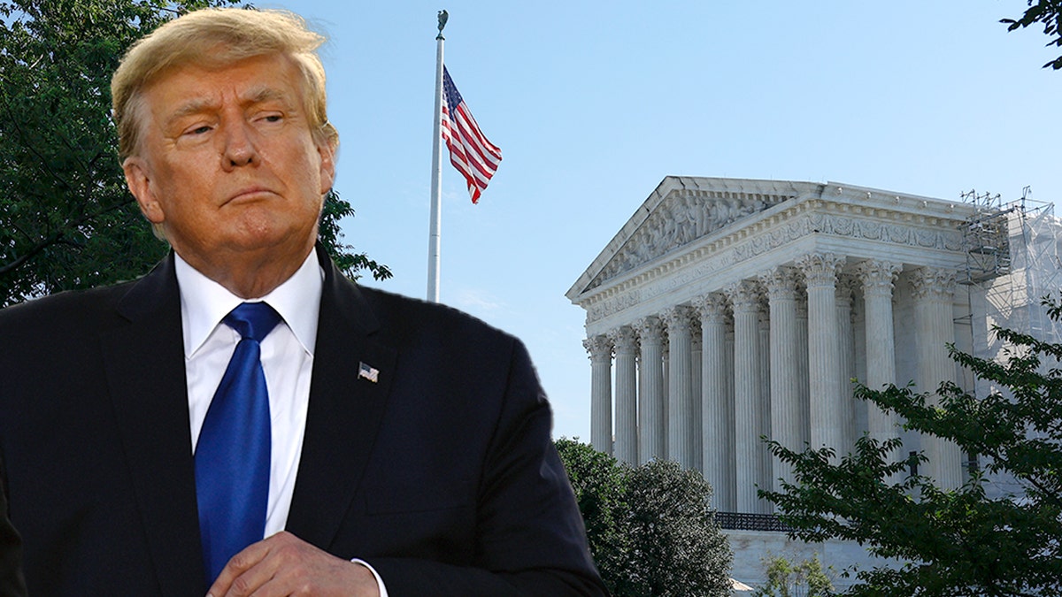 Wstawka ze zdjęciem byłego prezydenta Trumpa nad budynkiem Sądu Najwyższego.