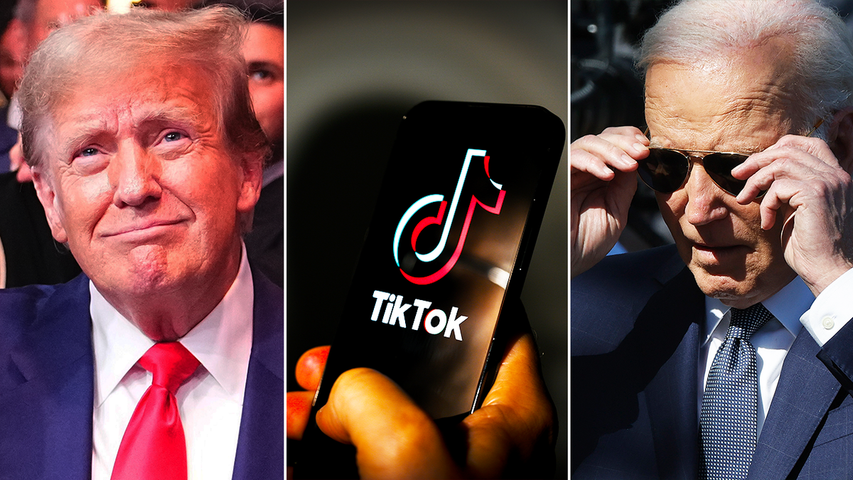 Donald Trump, the TikTok logo and the split image of Joe Biden