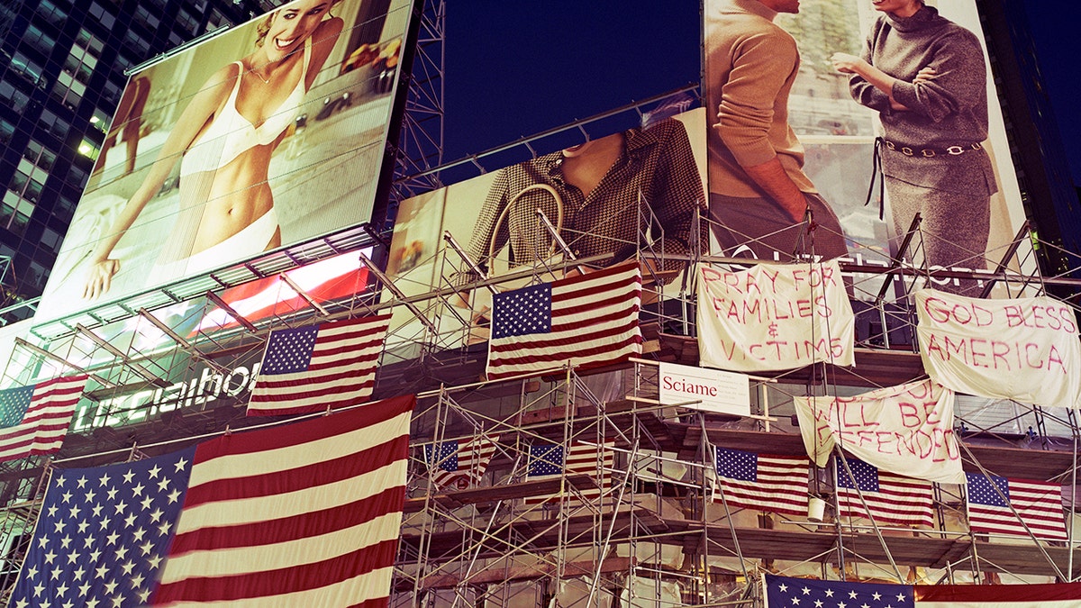 US flags in Times Square in September 2001