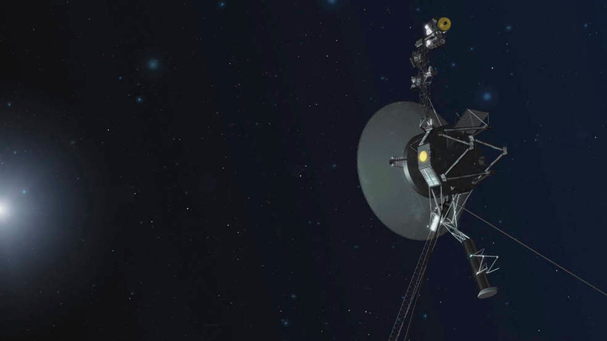 Voyager 1 floats through blue-black space toward a distant star in this illustration provided by NASA.