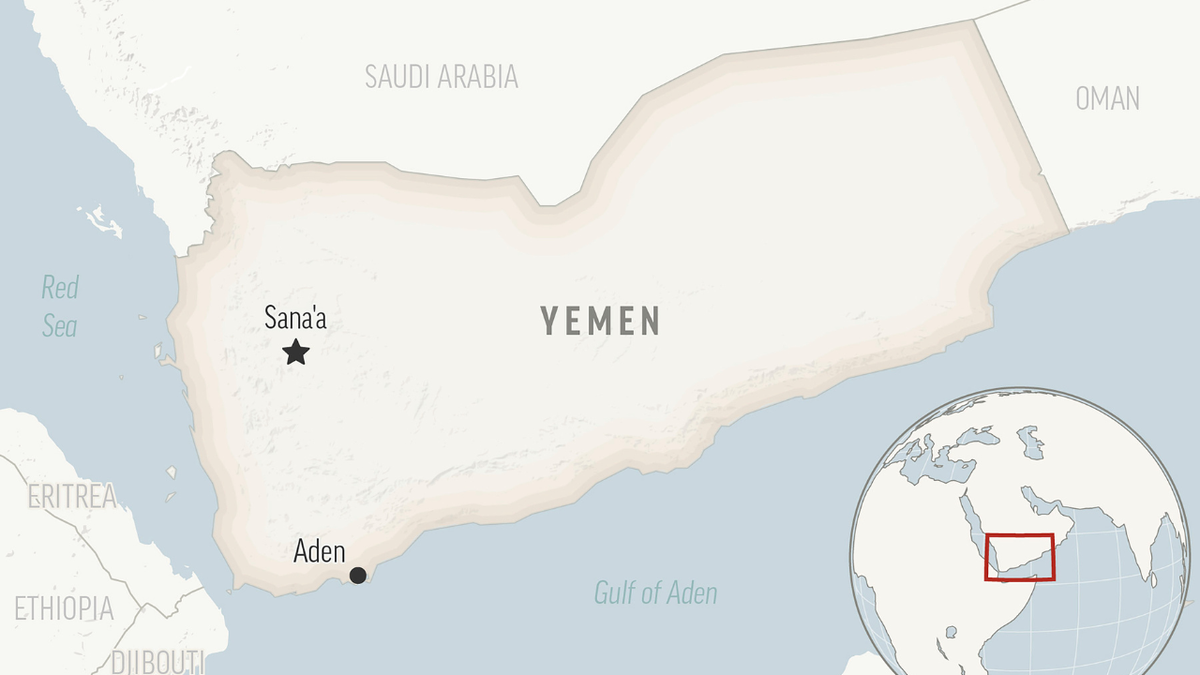 This is a locator map for Yemen with its capital, Sanaa. A possible attack by Yemen's Houthi rebels on Monday targeted a ship further away from nearly all of the previous assaults they've launched in the Gulf of Aden, officials said, potentially part of a widening escalation by the group.