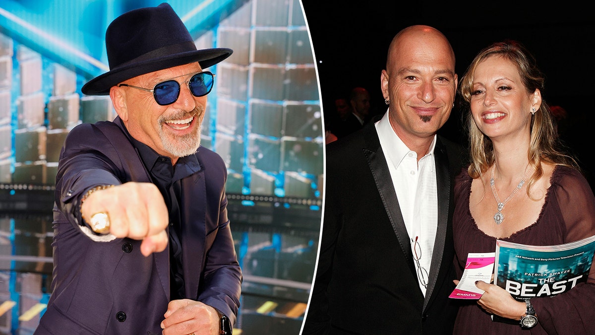 Howie Mandel in a black top hat throwing a punch in a photo for "AGT" split Howie Mandel and his wife Terry smile for a photo