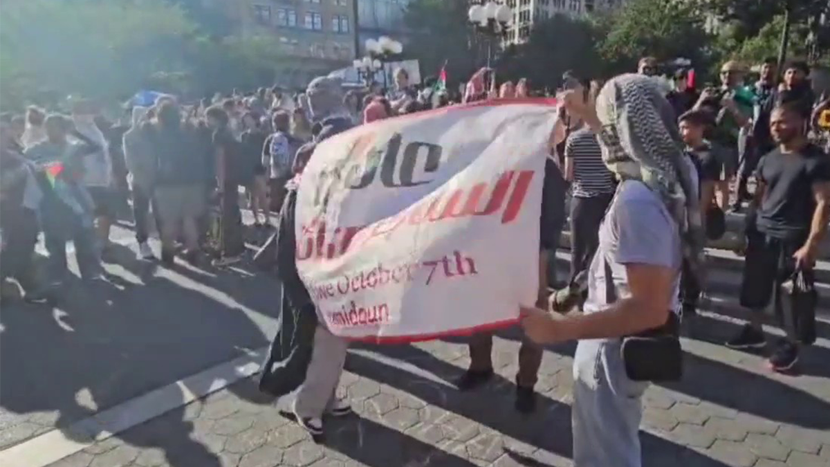 "Long Live Oct 7th" banner at an anti-Israel protest