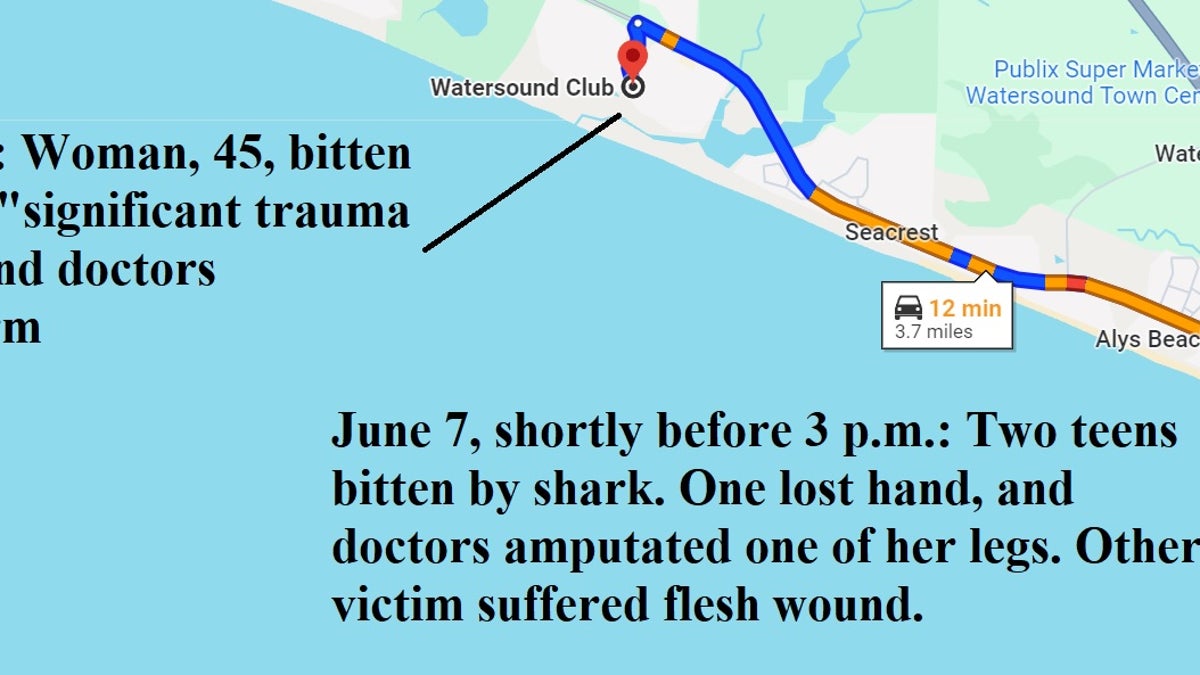 mapa de los ataques de tiburones del 7 de junio Tres personas fueron mordidas por tiburones en un lapso de 90 minutos a unas cuatro millas de distancia a lo largo de las playas del condado de Walton, Florida, el 7 de junio.