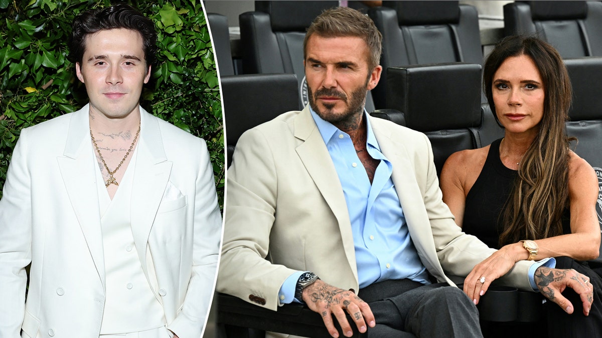 Brooklyn Beckham viste un traje blanco junto a sus padres David Beckham y Victoria Beckham.