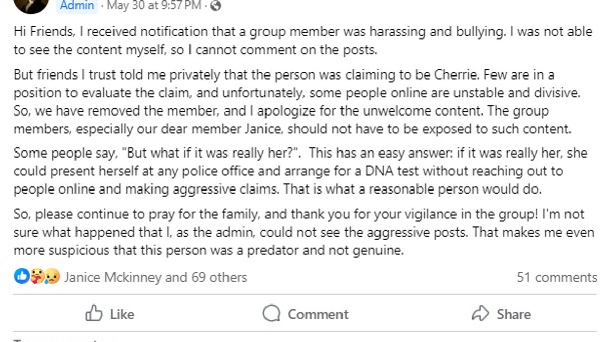 Moderator of the Memories of Cherrie Mahan Facebook group, Brock Organ, wrote this about why he and the other moderators deleted the woman's posts and blocked her.