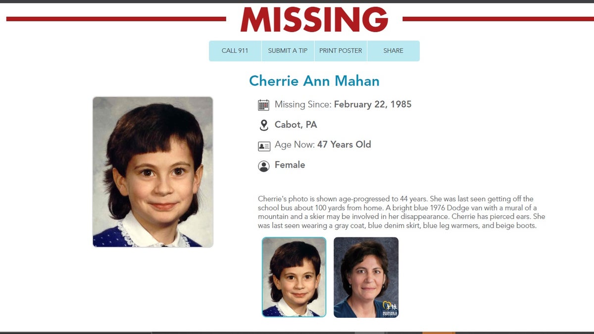 Cherrie Mahan's missing poster on the National Center for Missing and Exploited Children's website.