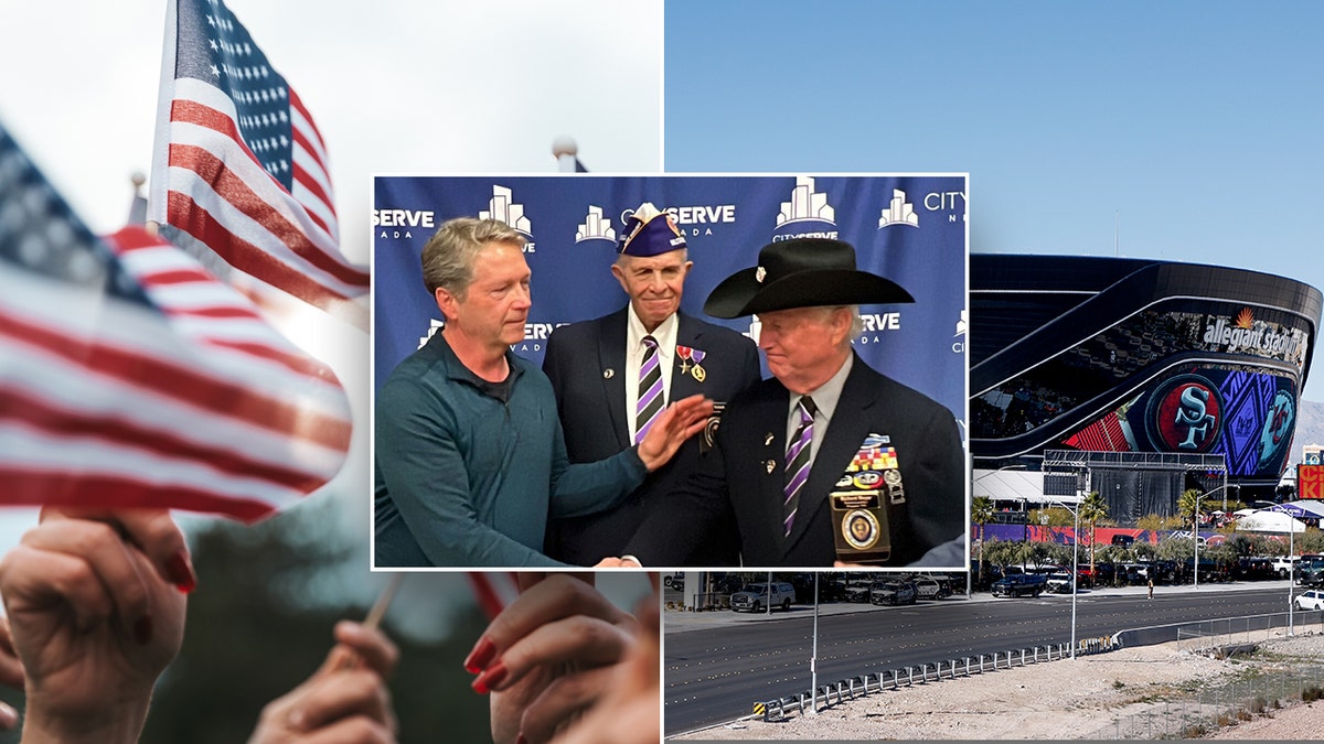 bandera dividida con fieles del estadio con un recuadro de un hombre saludando a dos veteranos