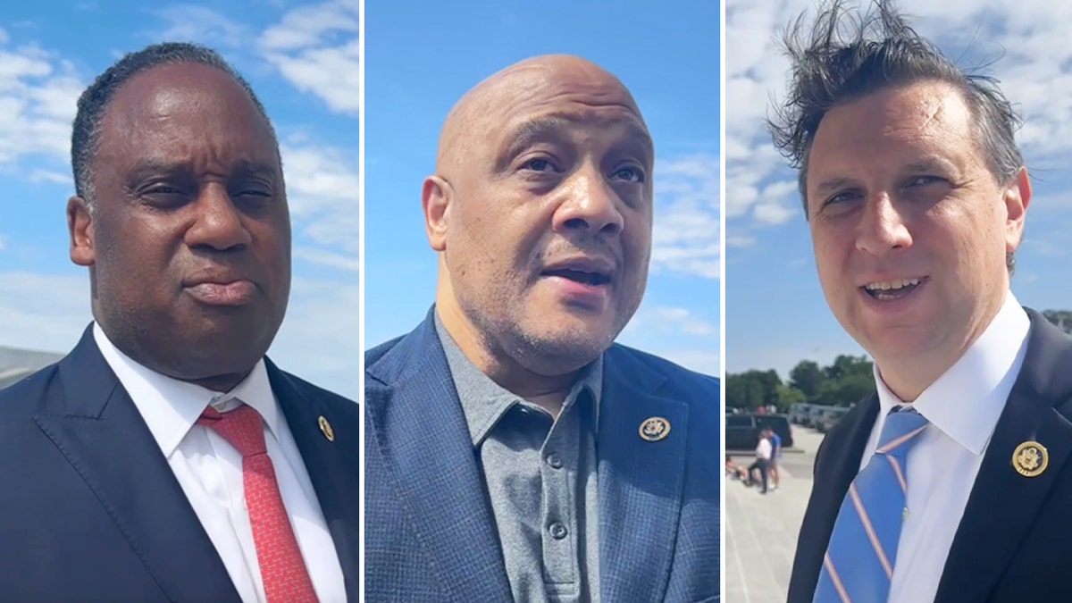 Democratic lawmakers including, from left, Reps. Jonathan Jackson, D-Ill.; Andre Carson, D-Ind.; and Seth Magaziner, D-R.I., spoke with Fox News Digital in Washington, D.C., on Friday.