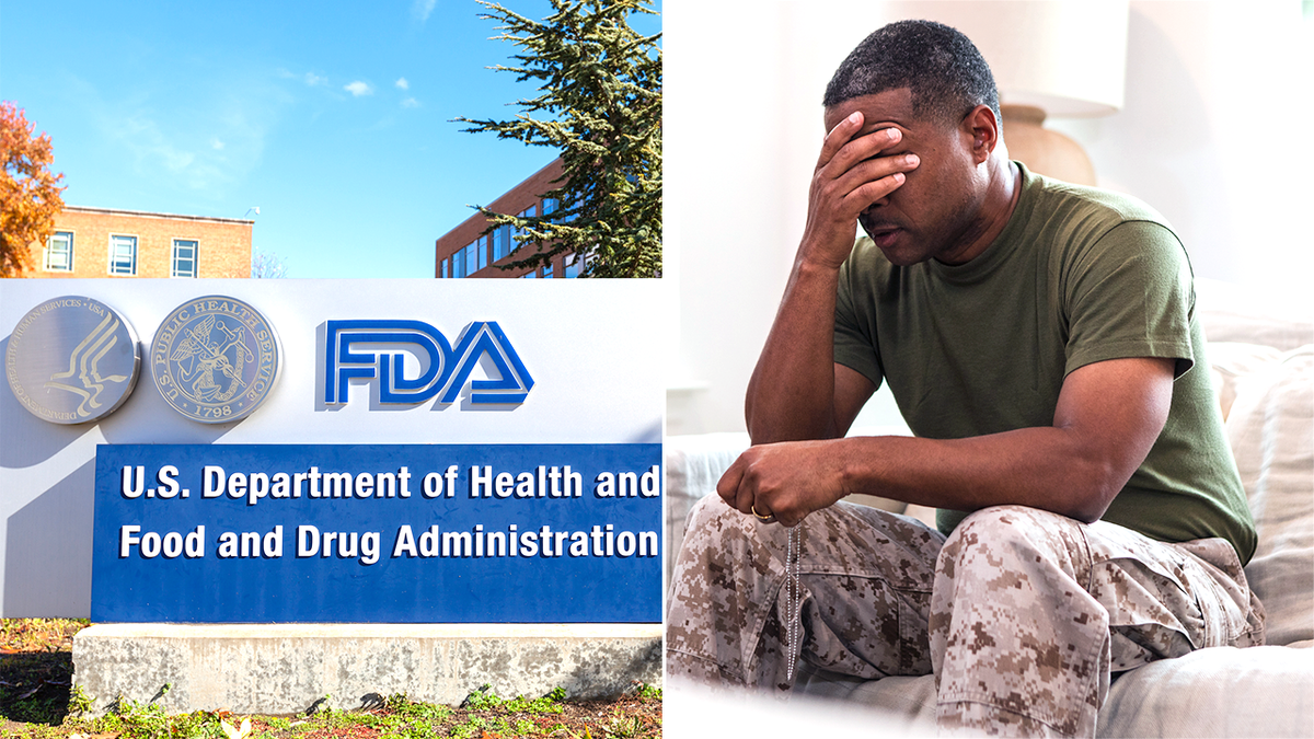 FDA sign next to a sad veteran