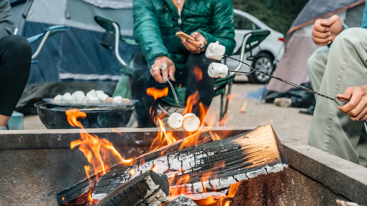Amigos assando marshmallows ao redor da fogueira