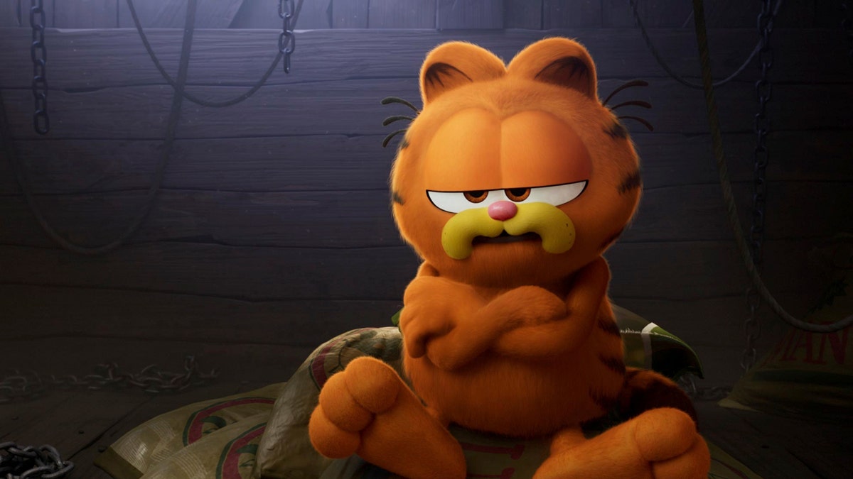 This image released by Sony Pictures shows Garfield, voiced by Chris Pratt, in a scene from the animated film "The Garfield Movie."