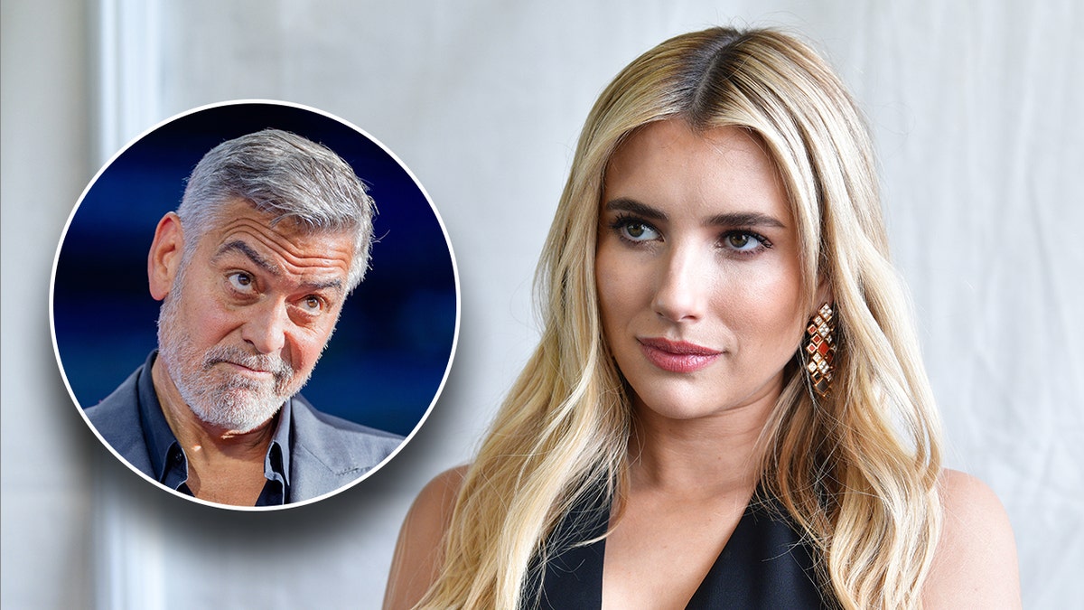 inset of George Clooney shrugs his face and looks up on the carpet, outset a photo of Emma Roberts in a black dress looking seriously to her right