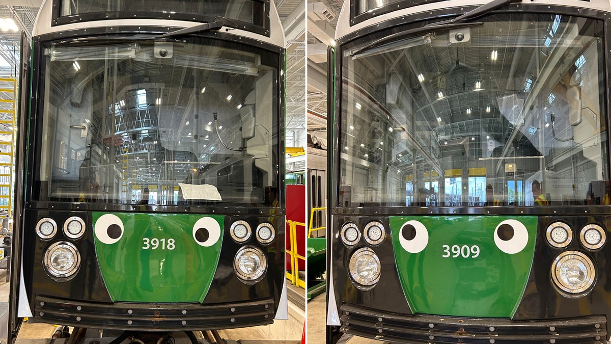 two trains with googly eyes
