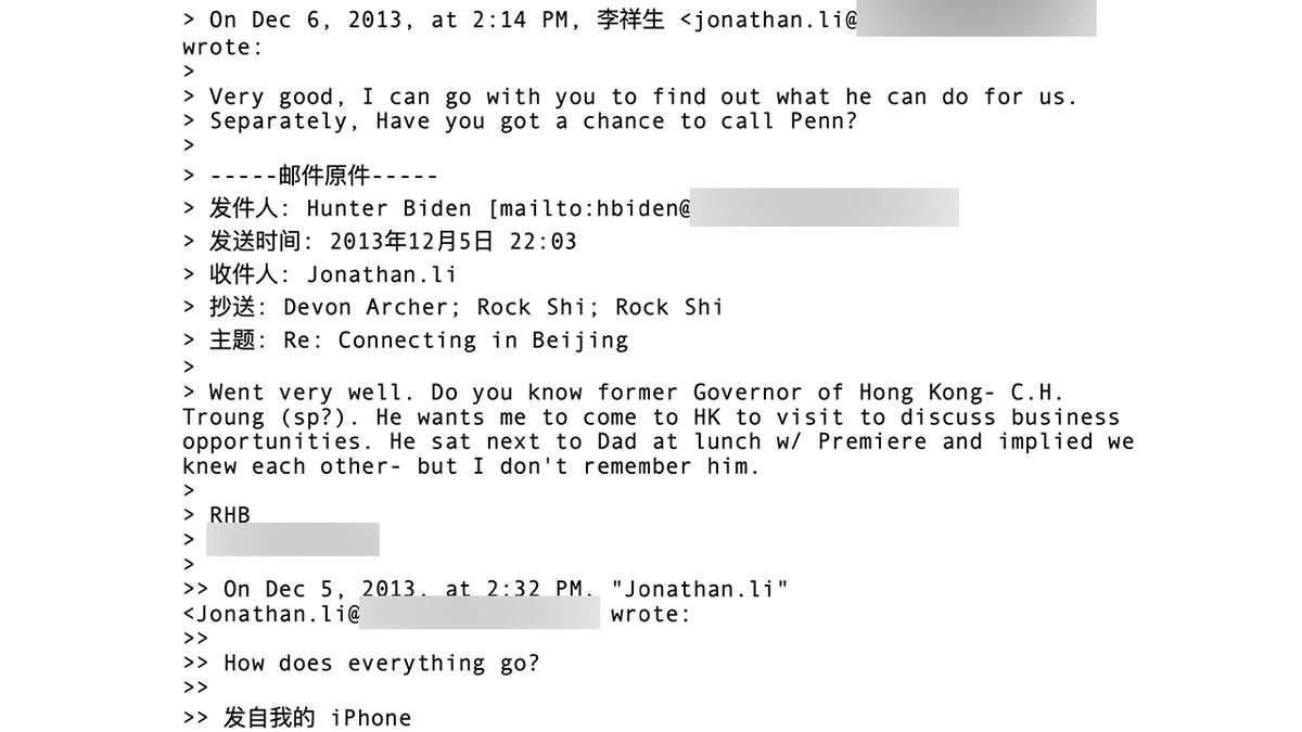 In December 2013, Hunter Biden asked his business associates if they knew CH Tung, or Tung Chee-hwa, the former governor of Hong Kong and a billionaire who served as vice chairman of the Chinese People's Political Consultative Conference.