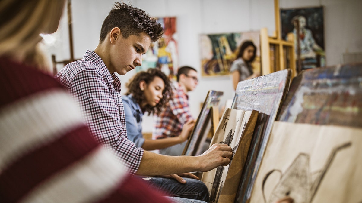 Group of students painting in an art studio