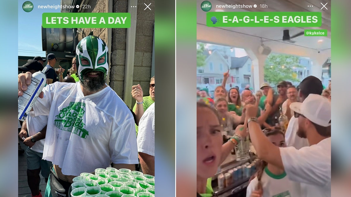 Jason Kelce com uma máscara de lutador verde segura uma bandeja de shots de gelatina verde divididos Kylie Kelce atrás do bar