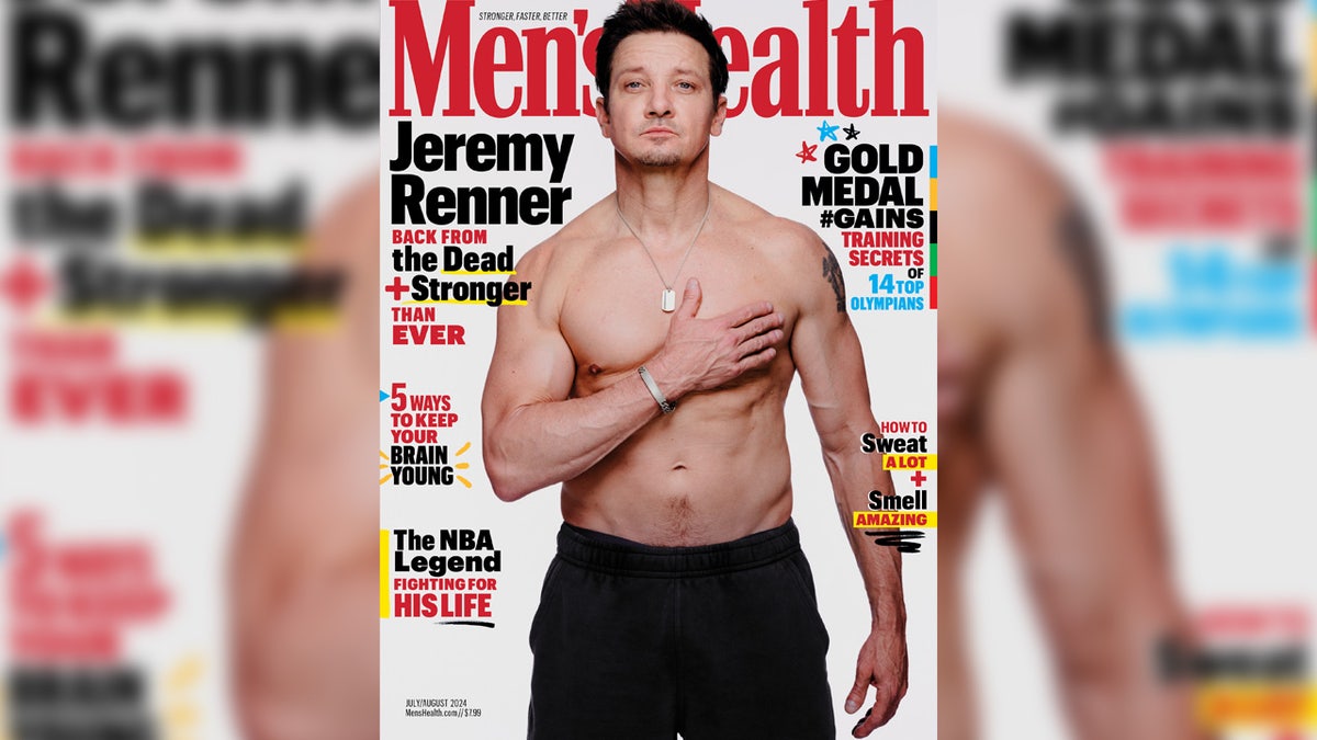 Jeremy Renner wears black shorts on the cover of Men's Health magazine