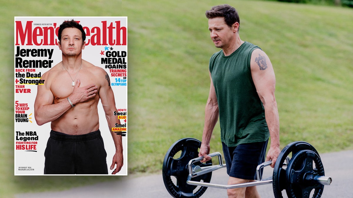 Jeremy Renner carrega pesos e fica sem camisa para Men's Health