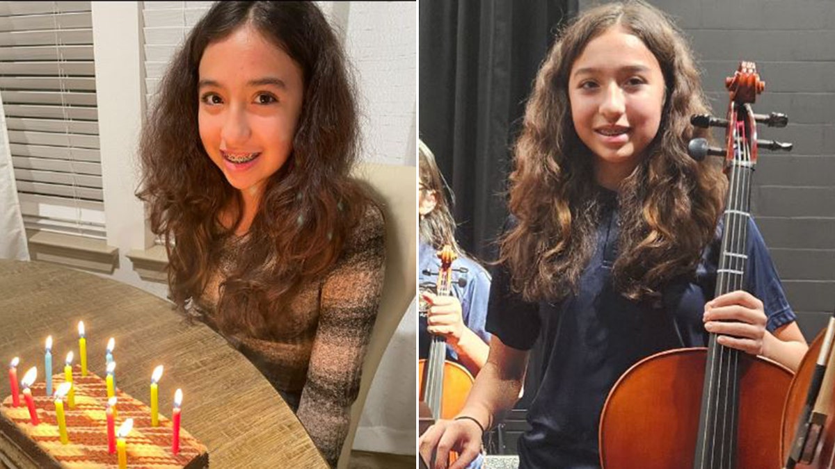images of Jocelyn Nungaray with birthday cake, left, and instrument, right