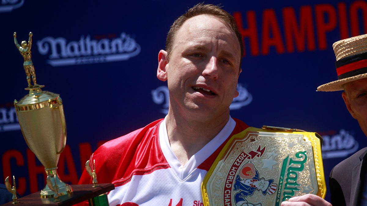 Joey Chestnut after winning Nathan's Hot Dog Contest 