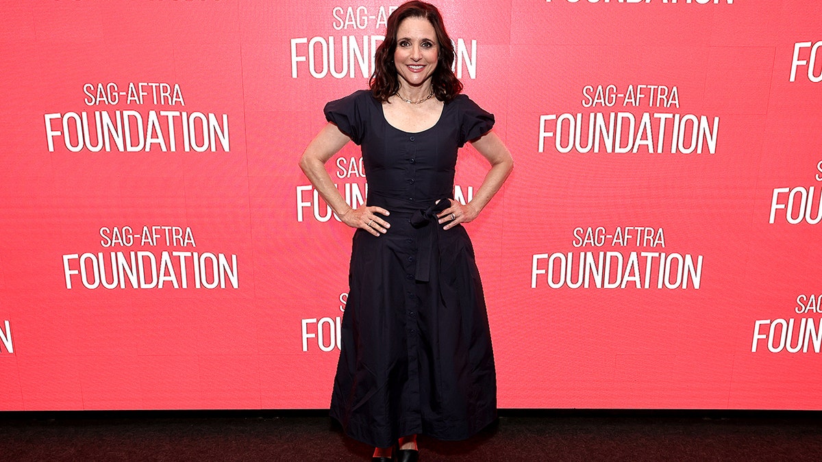 Julia Louis-Dreyfus posed for photos on the red carpet at the SAG-AFTRA Foundation Conversations for her movie "Tuesday," in a button-up black dress with puffed sleeves and a synched waist.