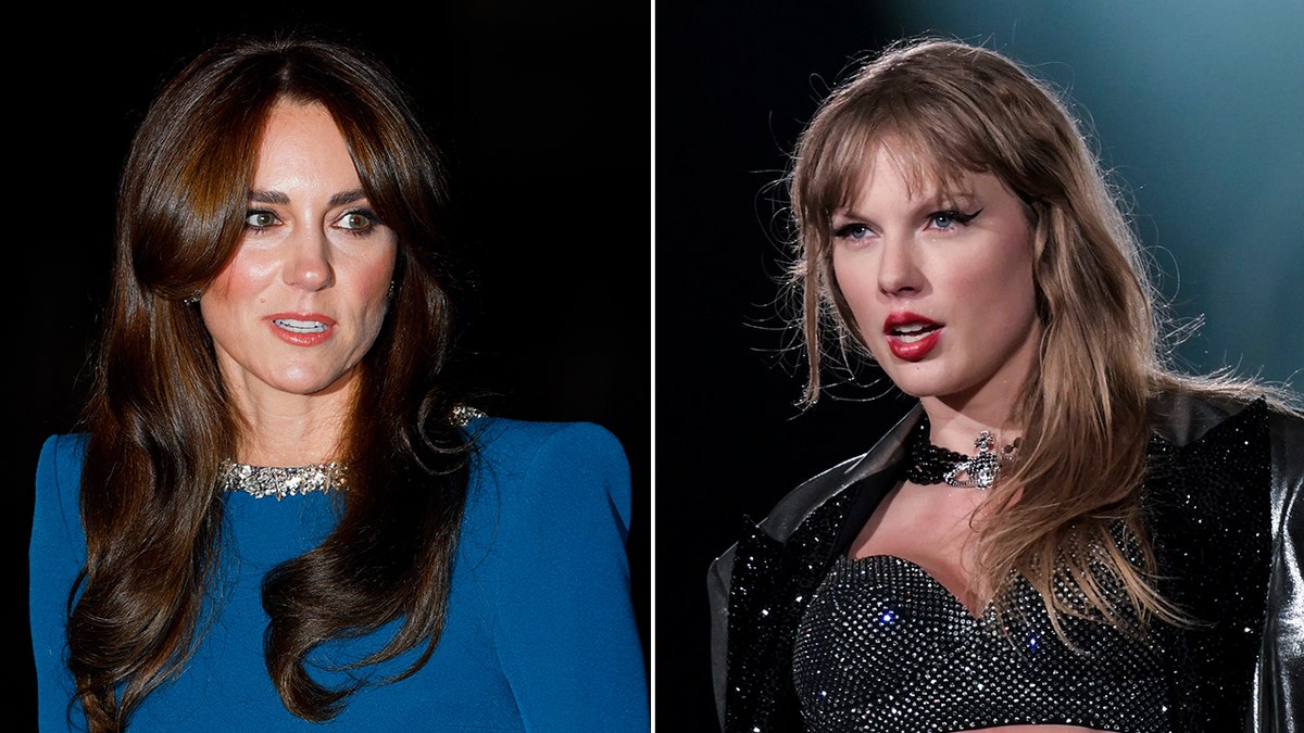 Kate Middleton looks to her left in a blue dress split Taylor Swift looks fierce in a black outfit on stage looking to her right