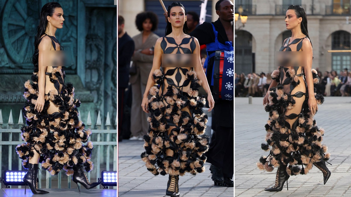 Katy Perry shows skin in black cut-out dress in Paris.